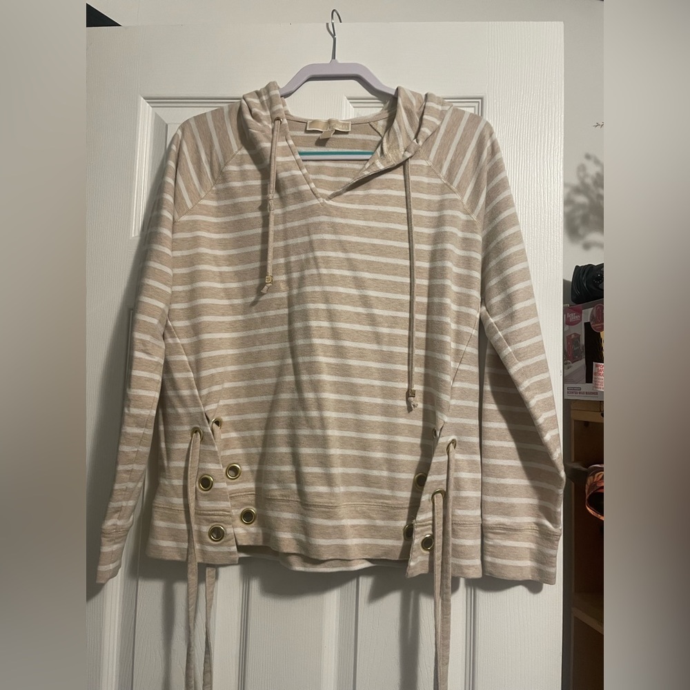 Michael Kors Womens Lace-Up Sides Hoodie Sweatshirt, Beige, medium Women's